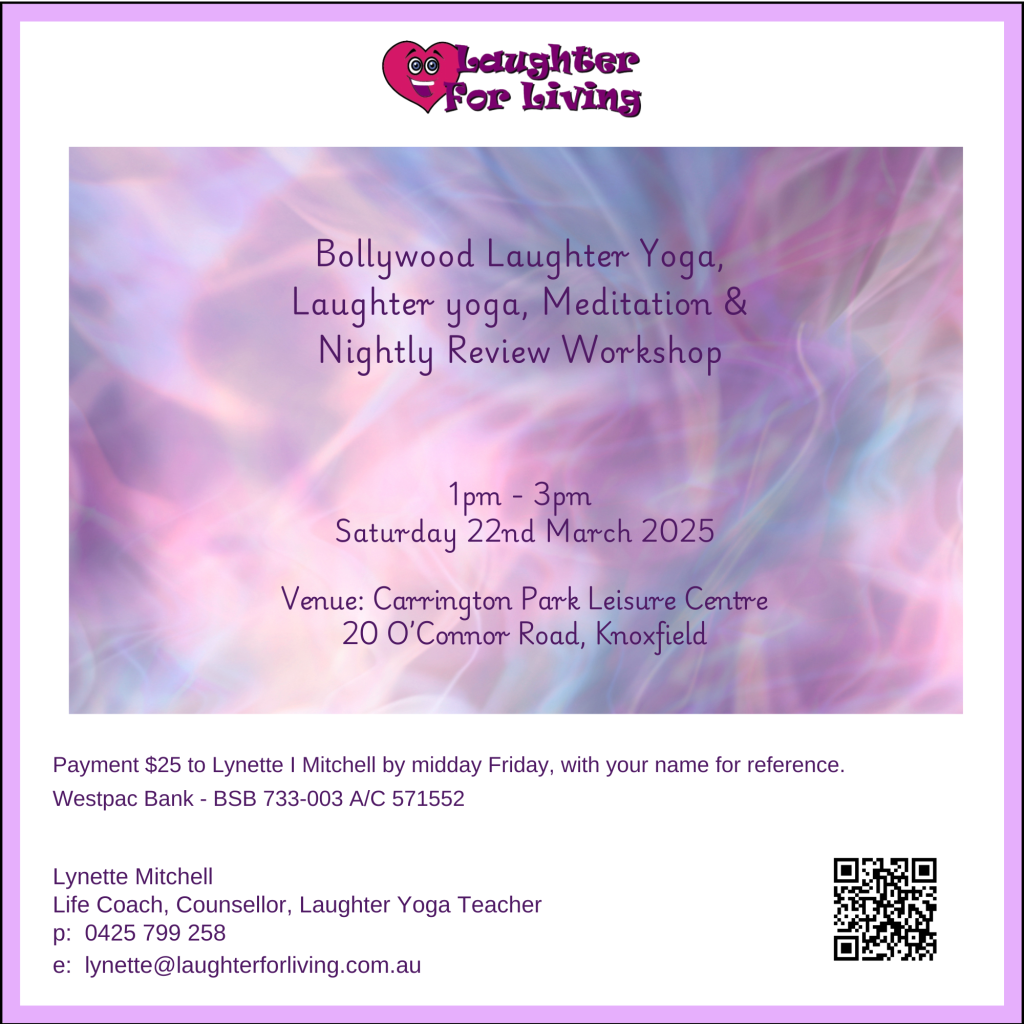 nightly review workshop, includes bollywood laughter yoga, meditation and other fun stuff